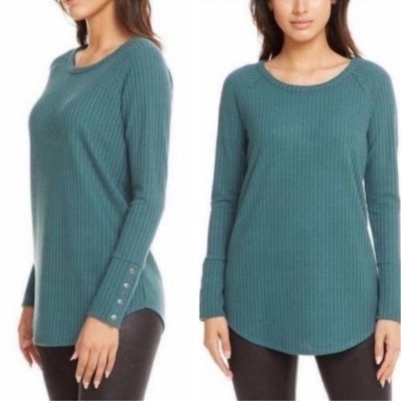 Chaser Plus Size Waffle Knit Thermal Button Detail On Sleeve Cuff Teal Green XXL - Picture 3 of 15
